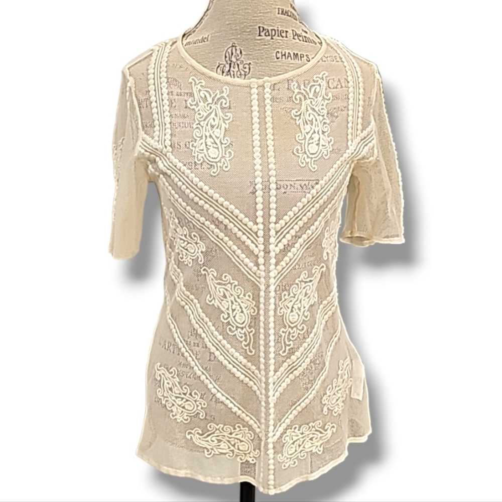 Lucky Brand Cream Embroidered Floral Lace Boho Tunic Blouse Top - Size Small